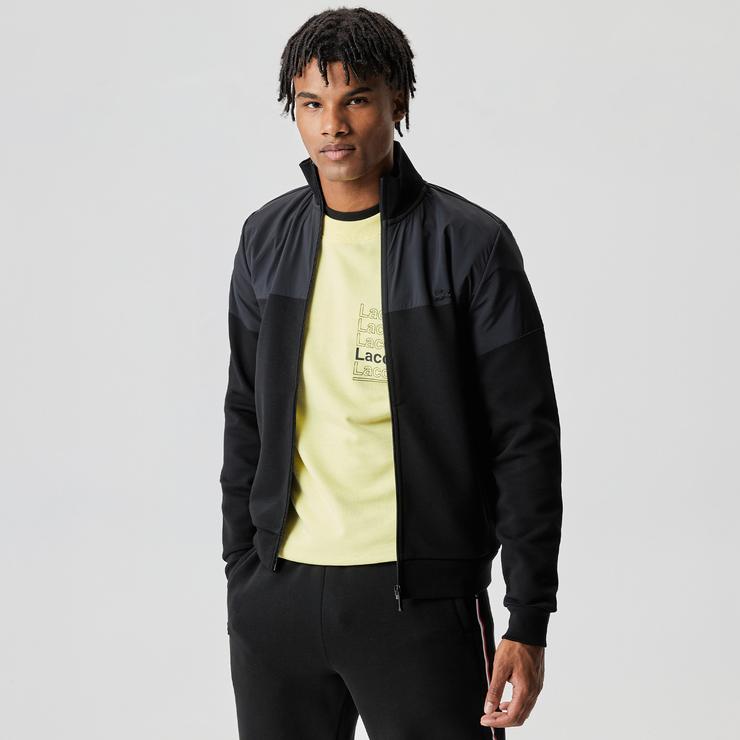 Lacoste Slim Fit Dik Yaka Renk Bloklu Fermuarlı Erkek Siyah Sweatshirt