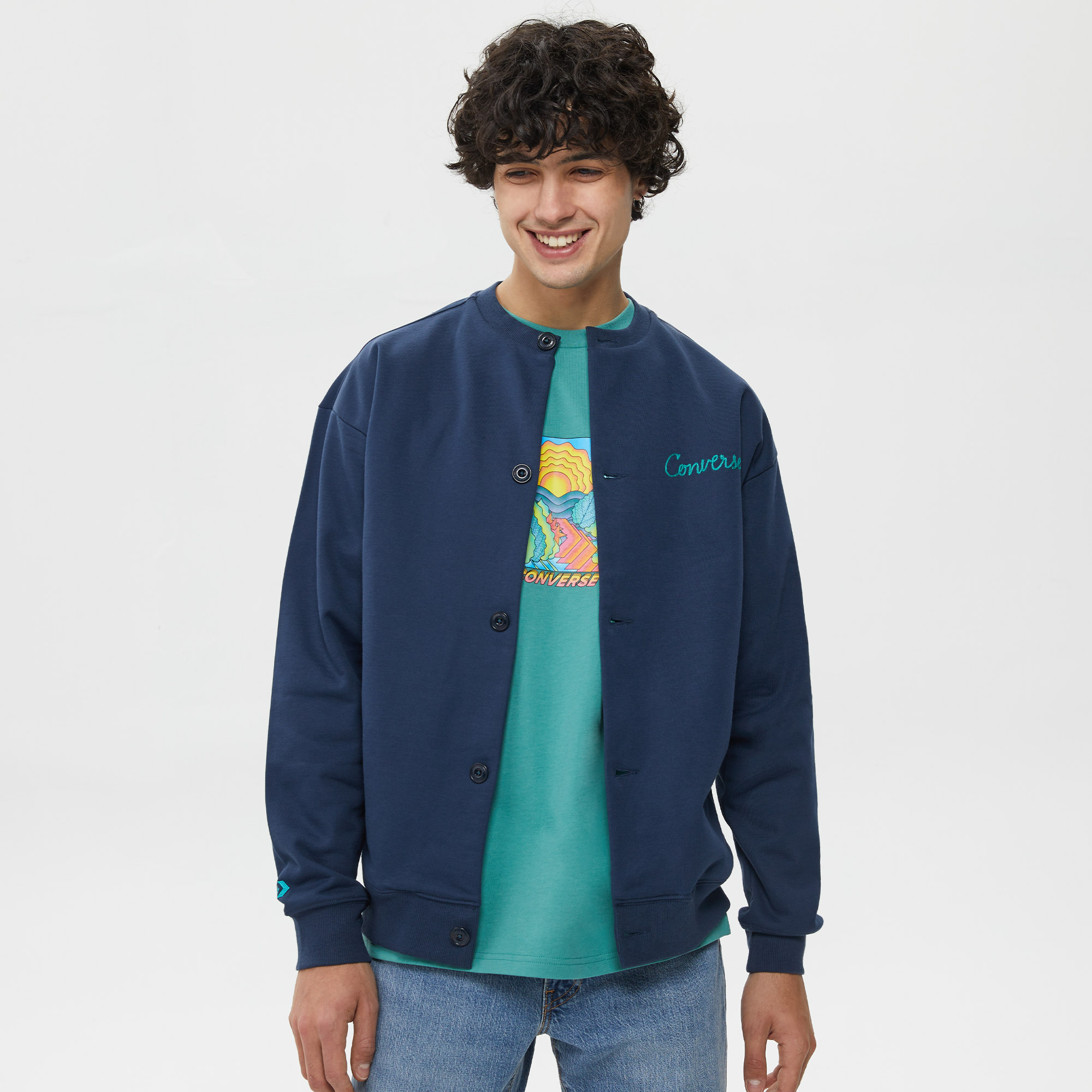 Converse Chain Stitch Elevated Cardigan  Erkek Lacivert Sweatshirt